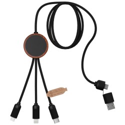 Nabíjecí kabel 3v1 z rPET se svítícím logem a kulatým dřevěným pouzdrem