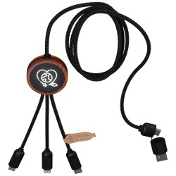 Nabíjecí kabel 3v1 z rPET se svítícím logem a kulatým dřevěným pouzdrem