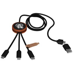 Nabíjecí kabel 3v1 z rPET se svítícím logem a kulatým dřevěným pouzdrem