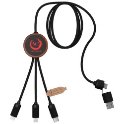 Nabíjecí kabel 3v1 z rPET se svítícím logem a kulatým dřevěným pouzdrem
