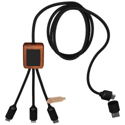 Nabíjecí kabel 3v1 z rPET se svítícím logem a kulatým dřevěným pouzdrem