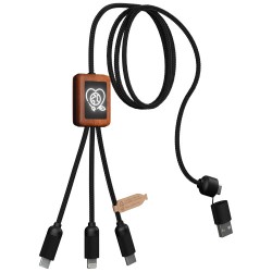 Nabíjecí kabel 3v1 z rPET se svítícím logem a kulatým dřevěným pouzdrem