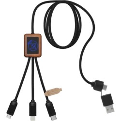 Nabíjecí kabel 3v1 z rPET se svítícím logem a kulatým dřevěným pouzdrem