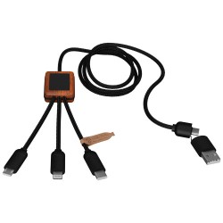 Nabíjecí kabel 3v1 z rPET se svítícím logem a kulatým dřevěným pouzdrem