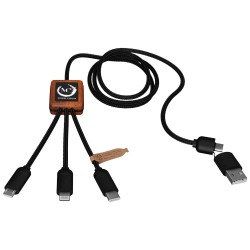 Nabíjecí kabel 3v1 z rPET se svítícím logem a kulatým dřevěným pouzdrem