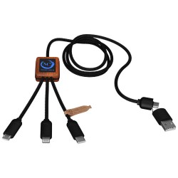 Nabíjecí kabel 3v1 z rPET se svítícím logem a kulatým dřevěným pouzdrem
